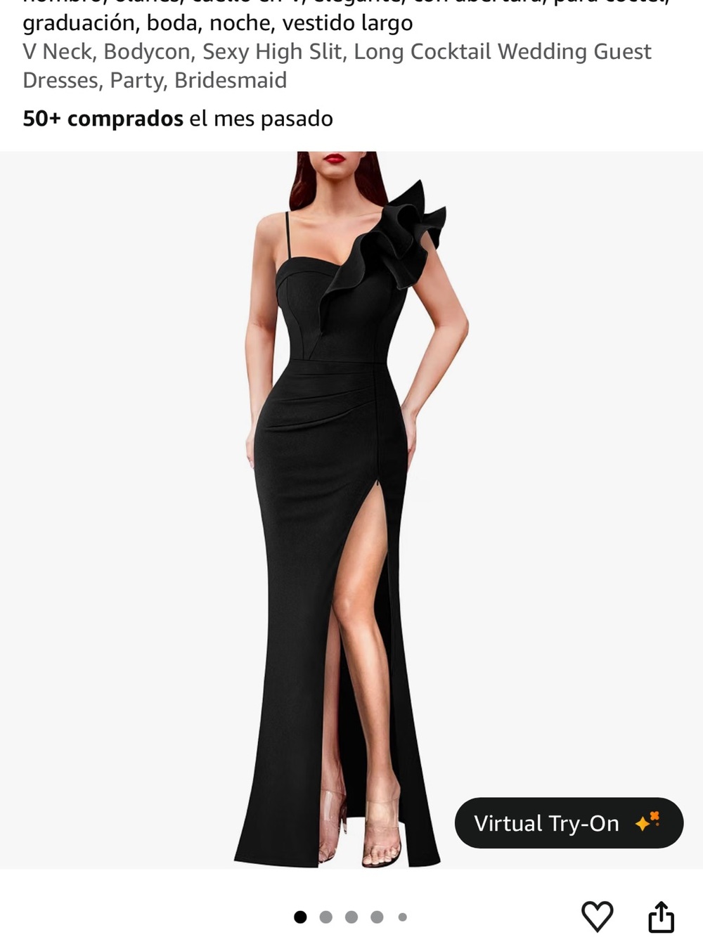 Amazon Black One-Shoulder Ruffle Evening Gown with High Slit